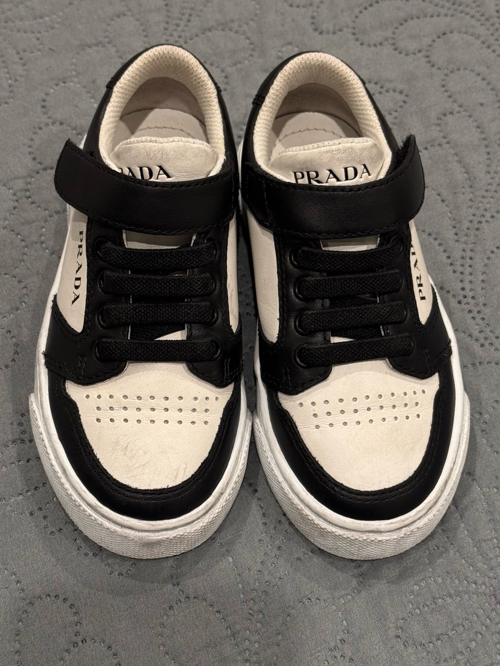 Prada Kids Black and White Leather Velcro Sneakers